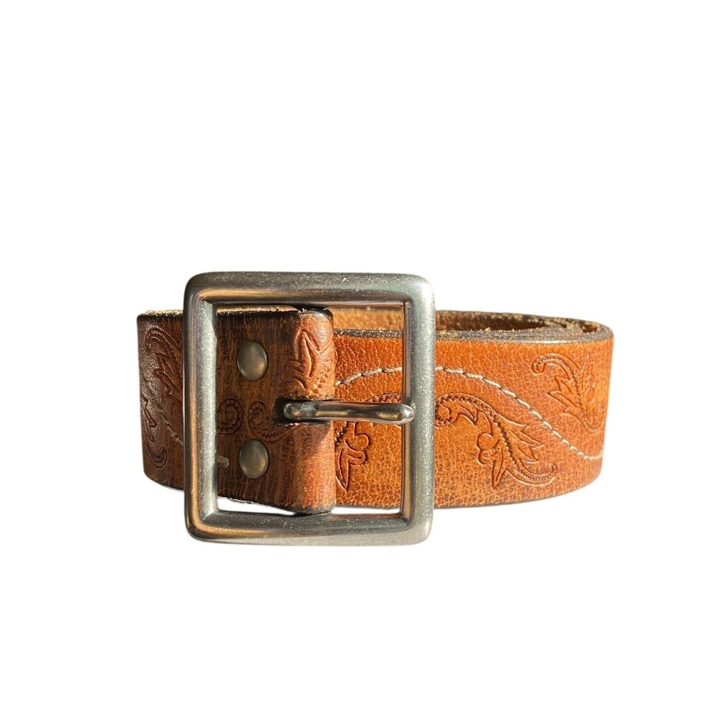 Vintage Leather Embossed Tooled Brown Belt Silver Buckle M Western Cowboy Rugged